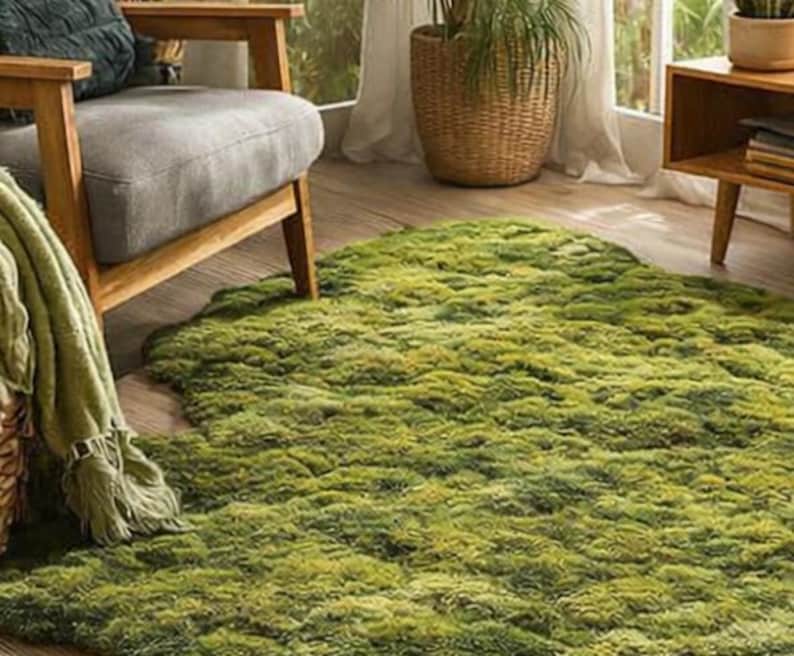Irregular Moss Rug, Organic Shape Statement Carpet, Nature Inspired Green Area Rug for Living Room Decor image 7