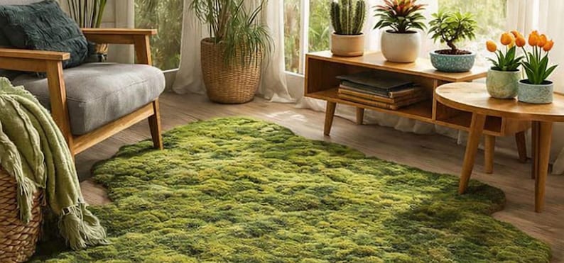 Irregular Moss Rug, Organic Shape Statement Carpet, Nature Inspired Green Area Rug for Living Room Decor image 4