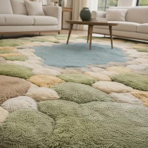 May include: A large, textured area rug with a pebble-like design in shades of green, beige, and light blue. The rug is placed in a living room setting with light-colored furniture and wooden flooring. The rug's dimensions are not visible.