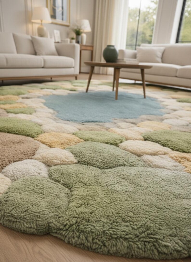 May include: A large, textured area rug with a pebble-like design in shades of green, beige, and light blue. The rug is placed in a living room setting with light-colored furniture and wooden flooring. The rug's dimensions are not visible.
