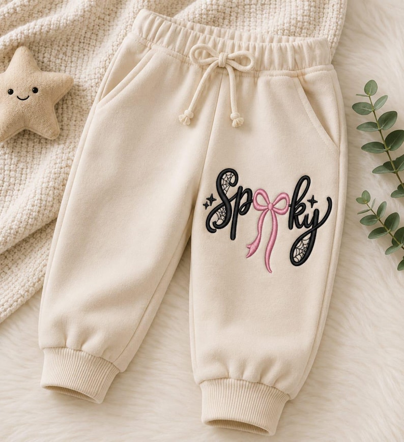 May include: Cream-colored sweatpants featuring an elastic waistband with a drawstring and ribbed cuffs. The left leg displays black embroidered text that reads Spooky, with a pink bow replacing the letter o and spiderweb details.
