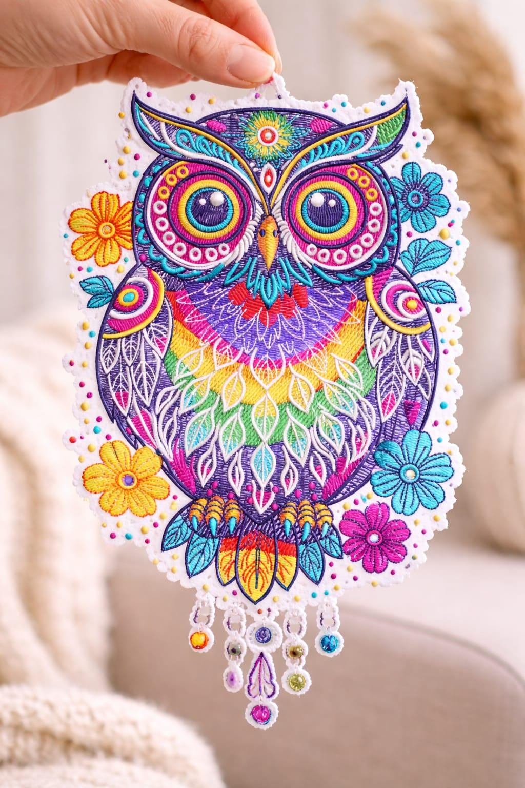Colorful Owl Embroidery Design, FSL Lace Pattern, Rainbow Floral Machine Embroidery (Digital Downloa