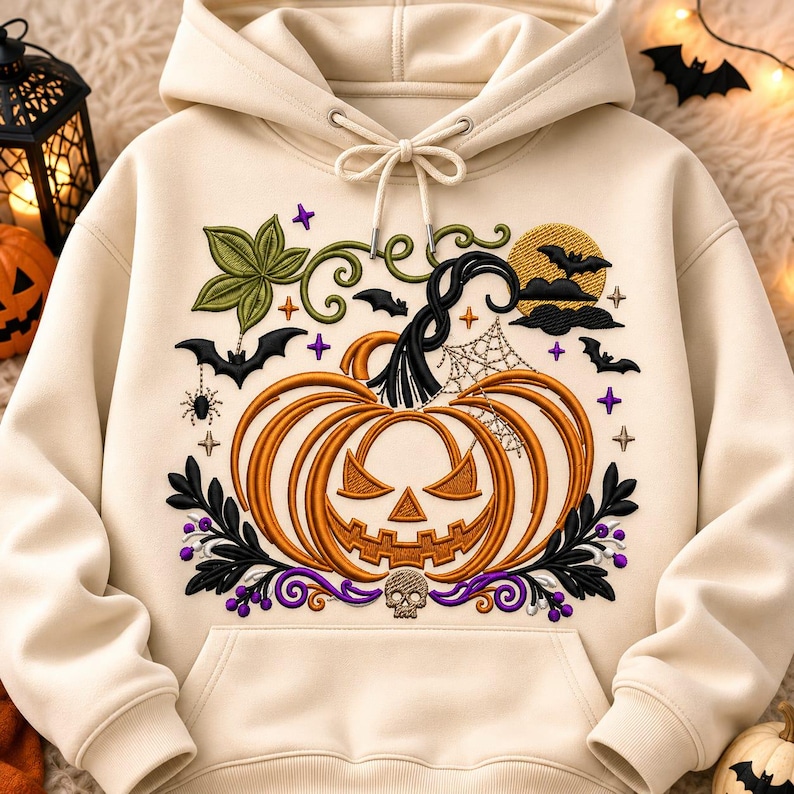 May include: A cream-colored hooded sweatshirt featuring an embroidered design of a central orange jack-o'-lantern, a small skull, black bats, a spider web, green leaves, and purple accents. The hoodie includes a front kangaroo pocket and drawstrings.