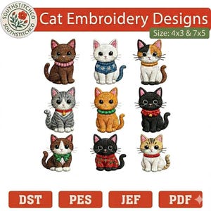 May include: A collection of cat embroidery designs in various colors and patterns. The image includes the text "Cat Embroidery Designs" and size information. The designs feature cats with different colored fur, wearing accessories like sweaters and collars.