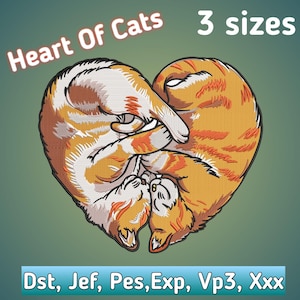 Peut inclure: Une broderie représentant deux chats roux et blancs formant un cœur. Le texte "Heart Of Cats" et "3 sizes" sont affichés au-dessus du cœur. En dessous, le texte "Dst, Jef, Pes, Exp, Vp3, Xxx" est affiché.