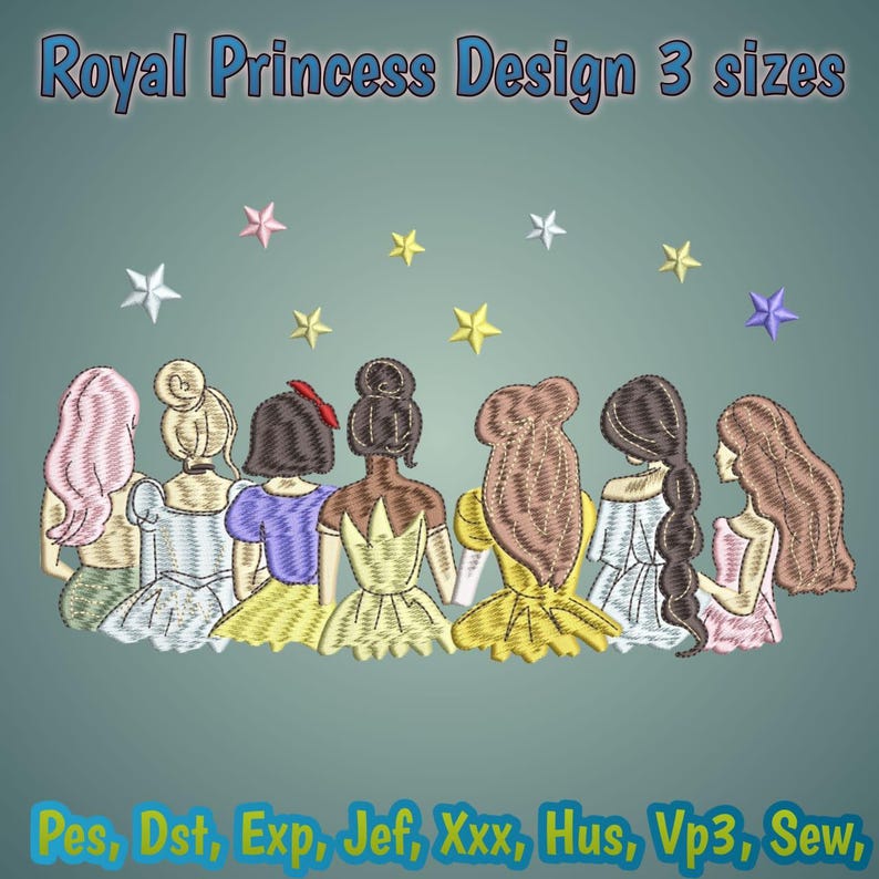 Royal Princess Embroidery Design, Back View Princesses in Ball Gowns ...