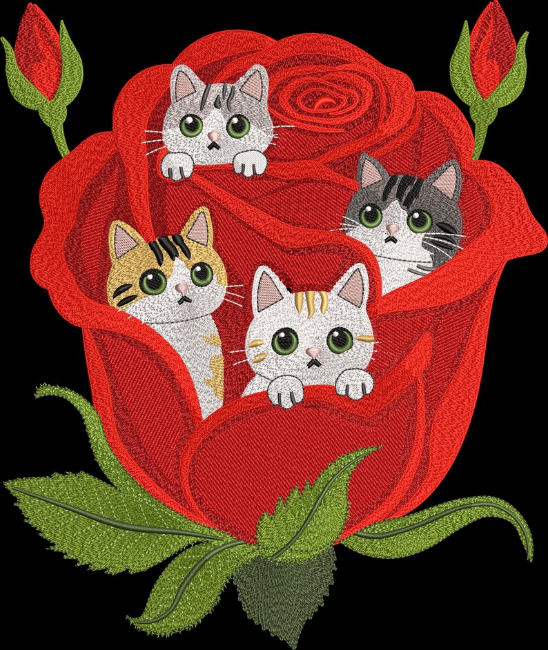Kittens in Rose Embroidery Design | Floral Cat Art (digital Download ...