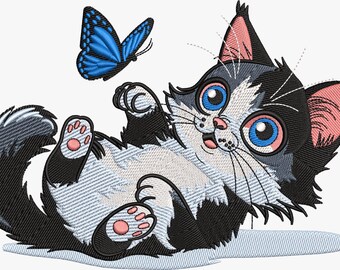 Playful Cat Embroidery Design, Butterfly, 4 Sizes (Instant Download)