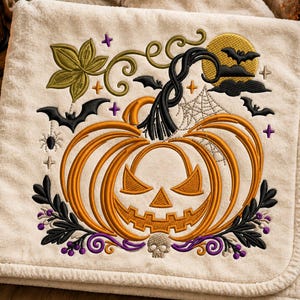 May include: A cream-colored blanket featuring an embroidered design of a carved orange jack-o'-lantern, a yellow moon, black bats, a spider web, a small skull, purple berries, and green leaves, all stitched onto the soft fabric surface.