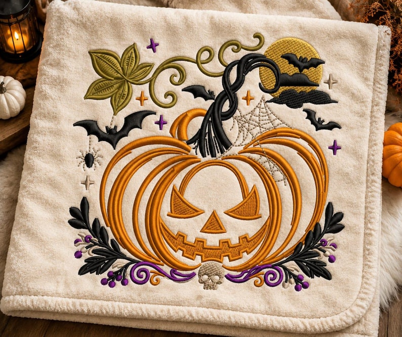 May include: A cream-colored blanket featuring an embroidered design of a carved orange jack-o'-lantern, a yellow moon, black bats, a spider web, a small skull, purple berries, and green leaves, all stitched onto the soft fabric surface.