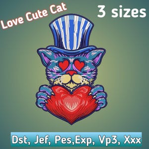 Può includere: Illustrazione di un gatto cartoon colorato, con un cappello a cilindro blu e bianco e un cuore rosso. Gli occhi del gatto sono a forma di cuore. Il testo dice "Love Cute Cat" e "3 sizes".