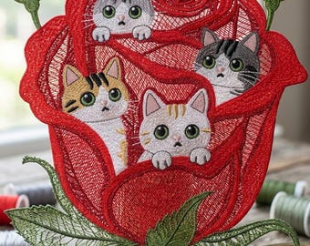 Kittens in Rose Embroidery Design | Floral Cat Art (Digital Download)