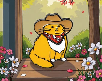 May include: A yellow cat pin wearing a brown cowboy hat and a red bandana with a white pattern. The cat is sitting on a wooden surface, surrounded by flowers and greenery. The pin is a whimsical accessory.