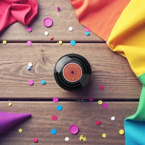 Puede incluir: Un objeto redondo negro que se asemeja a un disco de vinilo con el texto "THE YOUNG DUDES ALL" en rojo. El objeto está rodeado de confeti colorido y tela sobre una superficie de madera.