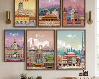 Custom Travel Print, Pick Your Cities, Unframed World Travel Poster, Individual City Wall Art, Vintage Style Travel Decor, Traveler Gift