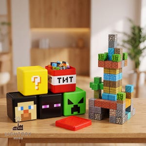Puede incluir: Un conjunto de cajas de almacenamiento cuadradas con diseños de un bloque de interrogación amarillo, un bloque TNT rojo, una cara de personaje, una cara de Enderman y una cara de Creeper verde, junto a una torre de bloques pixelados.