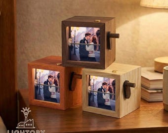 Personalized Wooden Hand Crank Flipbook Photo Box - 8 or 16 Photos - Custom Animated Photo Album - Anniversary & Birthday Gift - Retro Box