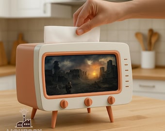 Handmade Kawaii Retro TV Tissue Box Holder with Phone Stand – Vintage Desktop Tissue Dispenser & Cute Paper Storage for Home Decor