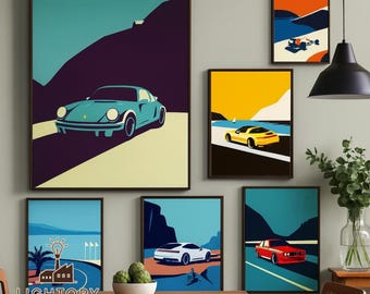 Retro Red Classic Car Wall Art Print – Scandinavian Poster, 911 Style Vintage Car Illustration, Modern Minimalist Canvas for Home Decor