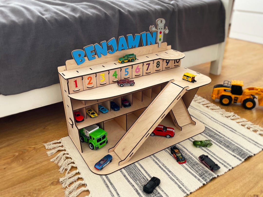 Personalized Wooden Toy Car Garage – Montessori Parking Ramp Organizer ...