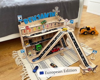 Personalized Wooden Toy Car Garage – European Edition, Toy Car Parking, Car Ramp, Toy Organizer, Car Race Track, Toddler Boy Birthday Gift.