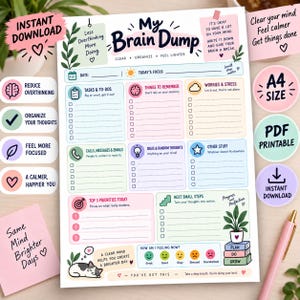May include: A white A4 size printable My Brain Dump planner sheet featuring sections for tasks, reminders, worries, calls, ideas, and priorities. The layout includes checkboxes, a mood tracker with five faces, a cat illustration, and text prompts.