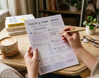 May include: A white paper task planner with purple accents titled Focus & Flow Task Planner. The sheet features sections for priority tasks, daily goals, and reflections, with handwritten text and a gold pen held over the surface.