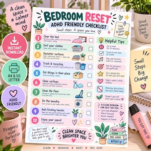 May include: A printable Bedroom Reset ADHD Friendly Checklist featuring ten numbered steps for organizing a room. The document includes helpful tips, colorful icons, and motivational text such as A clean space equals a calmer mind and Small Steps Big Change.