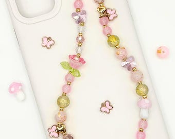Correa para teléfono Fairycore, correa de muñeca con cuentas florales rosas, colgante de hada en tonos pastel, lindo regalo estético para ella.