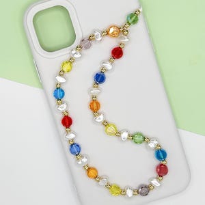Rainbow Beaded Phone Strap | Glass & Faux Pearl Wristlet