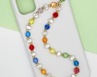 Correa para teléfono con dije de arcoíris, correa de muñeca con cuentas coloridas, dije de perla para teléfono, lindo accesorio estético para teléfono, regalo para ella
