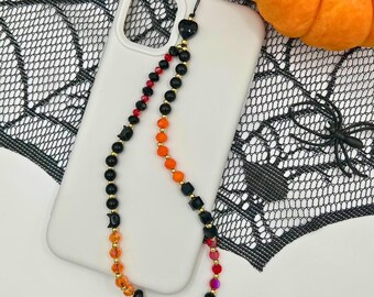 Correa gótica para teléfono, correa de muñeca con cuentas de gato negro, colgante para teléfono de Halloween, cuentas negras y naranjas, lindo accesorio espeluznante para el teléfono, regalo para ella.