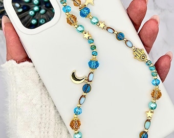 Correa para teléfono "Mil y una noches" – Colgante para teléfono con luna y estrella turquesa, cuentas de cristal de lujo, colgante de mano de Hamsa.