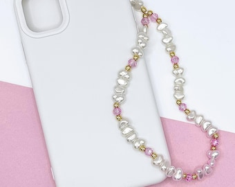 Abalorio de lujo para teléfono en rosa y perla / Cuentas de vidrio, perlas artificiales + espaciadores chapados en oro