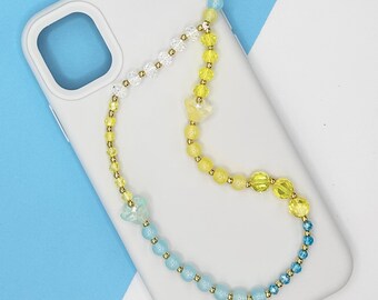Sunshine Seas Phone Strap – Luxe Yellow, Aqua & Clear Glass Beads with Gold Plated Spacers