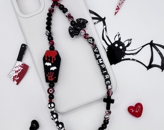Correa para teléfono con colgante gótico de vampiro: ataúd, murciélago y calavera