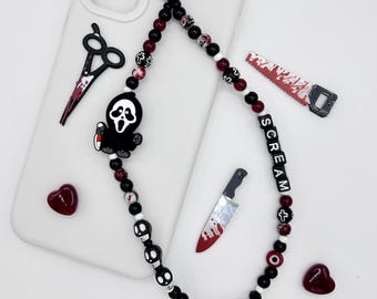 Correa para teléfono con colgante de Ghostface de Scream, correa de muñeca con cuentas de terror, accesorio gótico, nombre personalizado