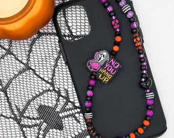 Correa para teléfono de Halloween con diseño de Ghostface y la frase "No, cuelga tú" – Accesorio de terror con cuentas