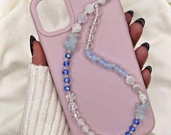 Correa para teléfono con dije de aguamarina, correa de muñeca con cuentas azules, dije de cristal para teléfono, accesorio para teléfono con piedras preciosas, regalo para ella.