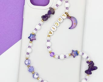 Correa para móvil con dije de amatista, correa de muñeca personalizada con cuentas, dije de luna, accesorio de cristal para móvil, regalo para ella.