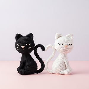 以下が含まれることがあります： ピンク色の表面に並んで座っている、黒と白の2匹のかぎ針編みの猫の置物。黒い猫はカールした尻尾を持ち、白い猫の尻尾はハート型をしています。どちらも目を閉じており、ピンク色の鼻をしています。
