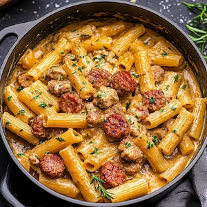 Könnte beinhalten: Nahaufnahme einer Pfanne mit Rigatoni-Nudeln, Fleischbällchen und einer cremigen Sauce. Die Nudeln sind goldbraun und die Fleischbällchen tiefrot. Frische Kräuter sind über das Gericht gestreut, und ein Rosmarinzweig ist sichtbar.