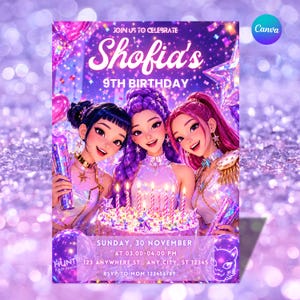 Puede incluir: Una invitación de cumpleaños digital con tres personajes ilustrados con cabello morado, rosa y negro, un pastel con velas y el texto Shofia's 9th Birthday, Sunday, 30 November, at 03.00-04.00 PM, Anywhere St., Any City, ST 12345.