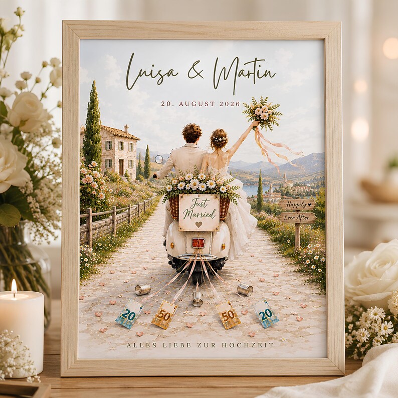 May include: A framed print featuring a couple on a scooter with the text Luisa & Martin, 20. AUGUST 2026, Just Married, Happily Ever After, and ALLES LIEBE ZUR HOCHZEIT. The scene shows a countryside road, a stone house, and Euro banknotes.