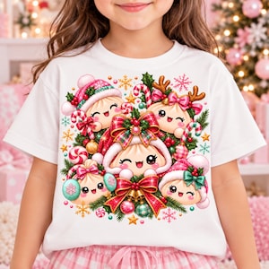 Puede incluir: Una camiseta blanca de manga corta con un gráfico festivo de cinco personajes redondos y sonrientes con forma de bola de masa. Los personajes están decorados con elementos navideños como gorros de Papá Noel, astas de reno y lazos.