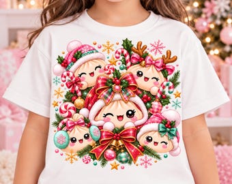 May include: A white short-sleeve t-shirt featuring a festive graphic of five smiling, round dumpling characters. The characters are decorated with red and green bows, candy canes, holly, ornaments, snowflakes, and winter hats.