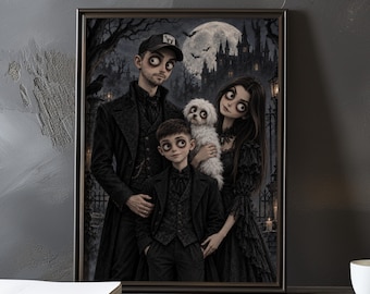 May include: A framed digital illustration depicting a family of three with large eyes and a small white dog. The figures wear dark, formal Victorian-style clothing against a gothic backdrop featuring a castle, a full moon, and bare trees.