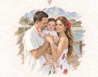 May include: A digital watercolor illustration of a family of three on a wooden pier. A parent in a white shirt holds a toddler in a white shirt, while another parent in a white floral dress with a red hibiscus flower in their hair smiles.