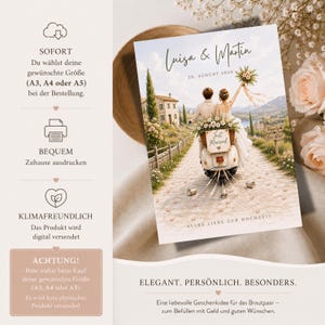 May include: A wedding print featuring a couple on a scooter on a stone path with the text Luisa & Martin, 20. AUGUST 2026, Just Married, Happily Ever After, and ALLES LIEBE ZUR HOCHZEIT. The design includes a villa, flowers, and tin cans.