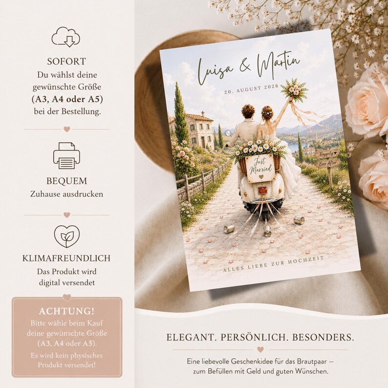 May include: A wedding print featuring a couple on a scooter on a stone path with the text Luisa & Martin, 20. AUGUST 2026, Just Married, Happily Ever After, and ALLES LIEBE ZUR HOCHZEIT. The design includes a villa, flowers, and tin cans.